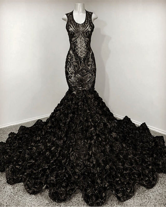 Black Mermaid Sequin Rosette Prom Dresses
