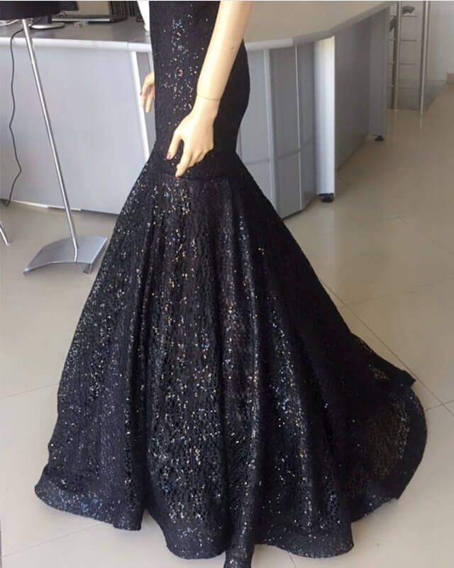 Black Sequin Pattern Prom Dresses Mermaid V-neck