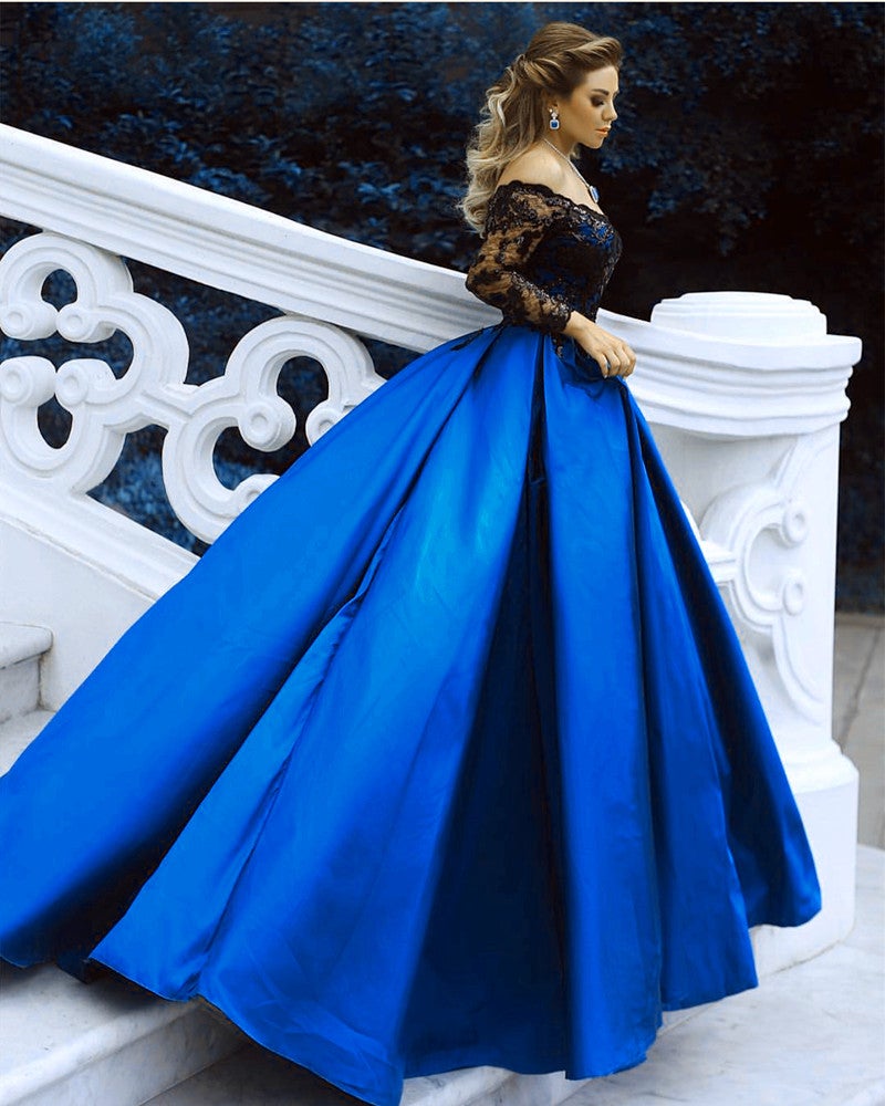 Black Sequins Lace Long Sleeves Satin Ball Gowns Off The Shoulder