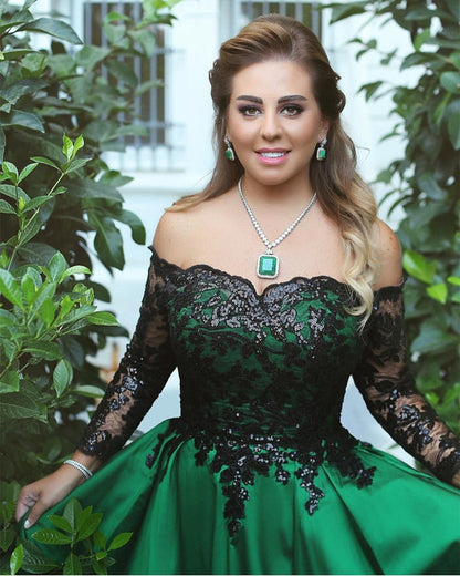 Black Sequins Lace Long Sleeves Satin Ball Gowns Off The Shoulder