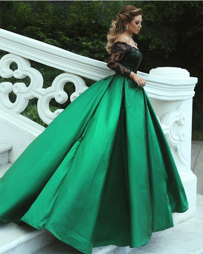 Black Sequins Lace Long Sleeves Satin Ball Gowns Off The Shoulder