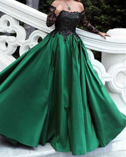 Black Sequins Lace Long Sleeves Satin Ball Gowns Off The Shoulder