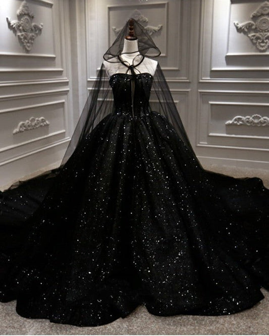 Black Sparkly Wedding Dress Ball Gown With Cape Veil