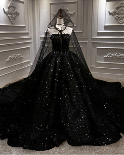 Black Sparkly Wedding Dress Ball Gown With Cape Veil