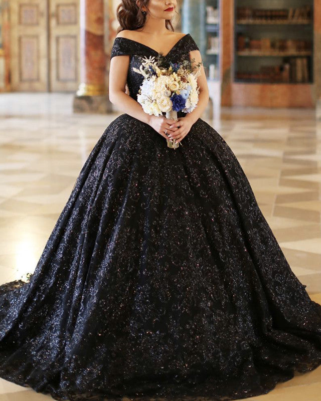 Black Sparkly Wedding Dresses Off Shoulder