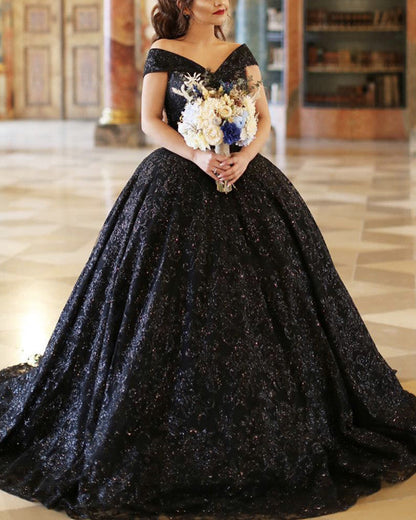 Black Sparkly Wedding Dresses Off Shoulder