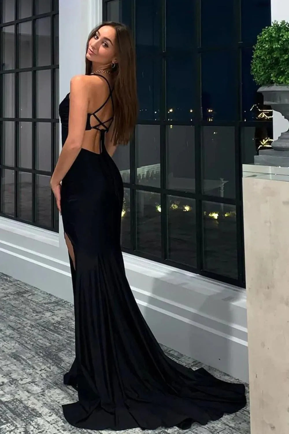 Black Mermaid Halter Long Prom Dress with Slit