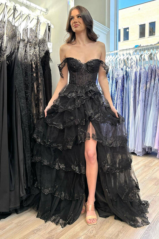 Black Off the Shoulder Princess Long Prom Dress with Slit