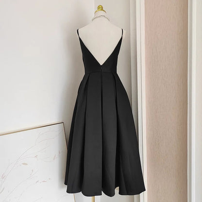 Black Satin A line Spaghetti Straps Long Prom Dress