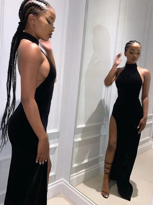 Black Satin Halter Neck Sheath Backless Long Prom Dress with Slit
