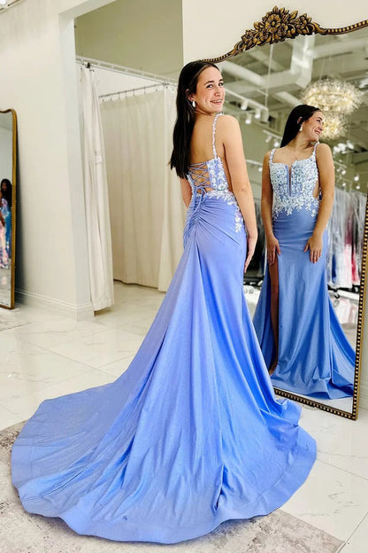 Black Mermaid Spaghetti Straps Long Prom Dresses with Appliques