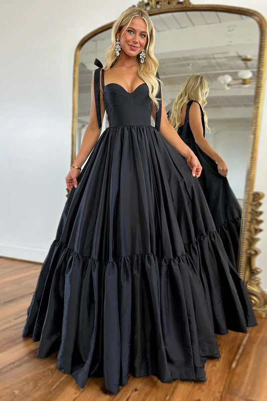 Black Satin Spaghetti Straps A-Line Long Prom Dress