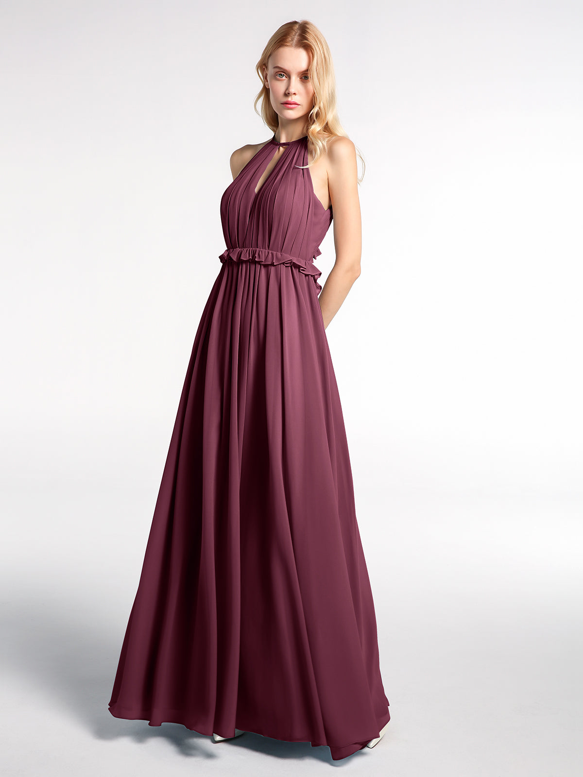 Keyhole Neckline Open Back Chiffon Max Long Dress Mulberry