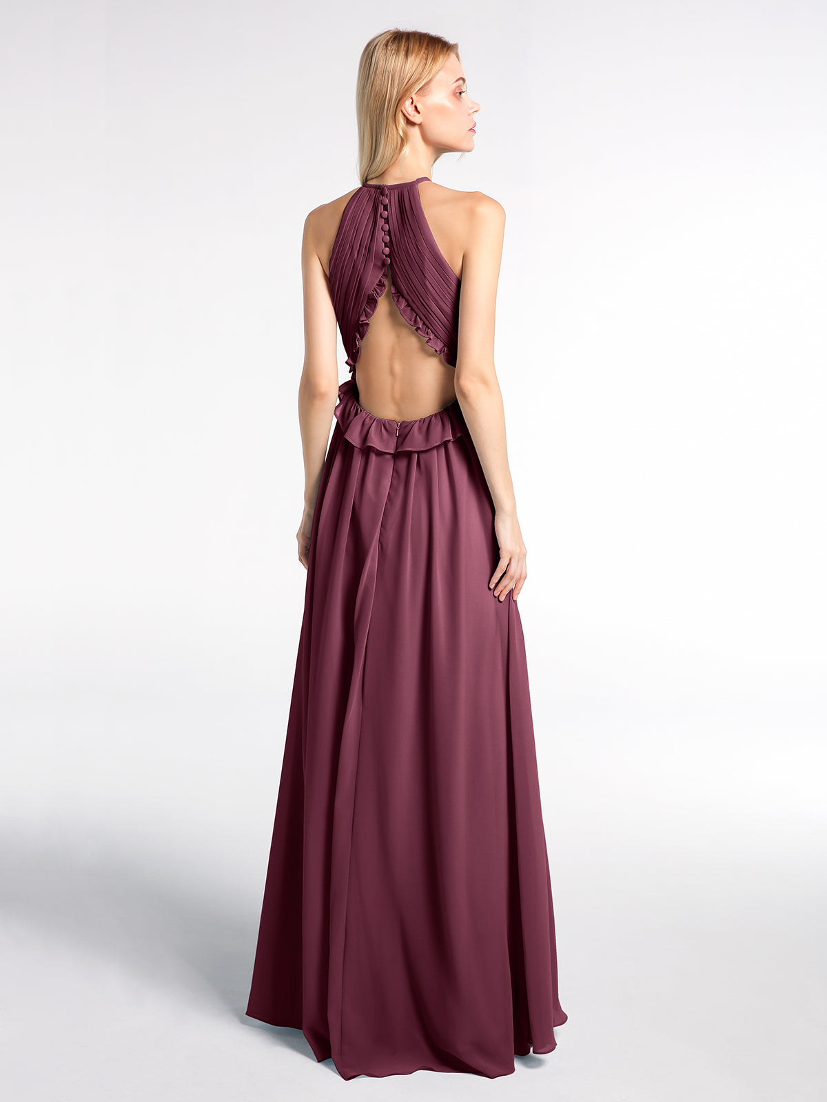 Keyhole Neckline Open Back Chiffon Max Long Dress Mulberry