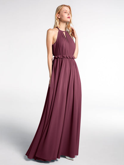 Keyhole Neckline Open Back Chiffon Max Long Dress Mulberry