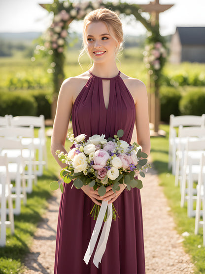 Keyhole Neckline Open Back Chiffon Max Long Dress Mulberry