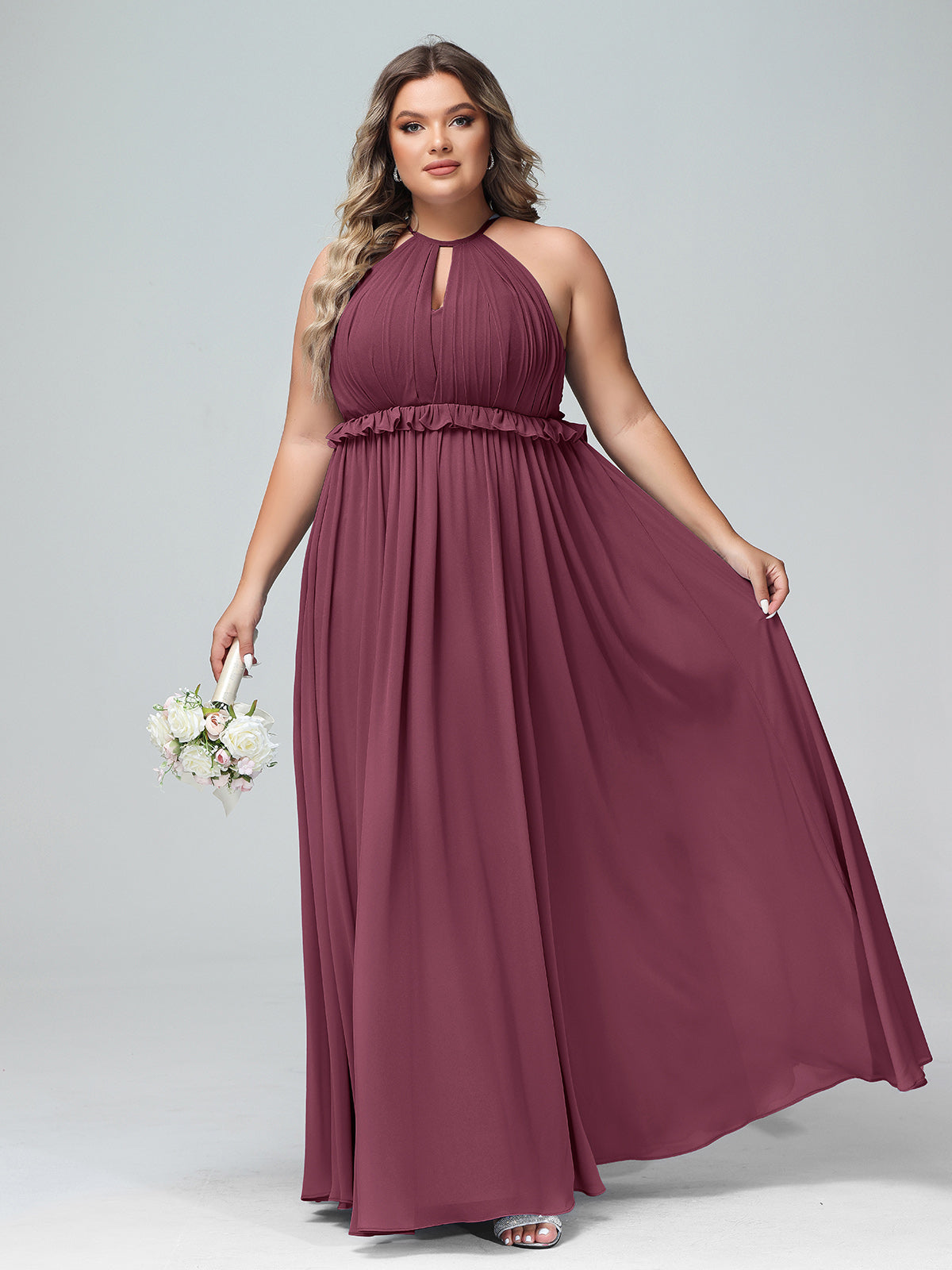 Keyhole Neckline Open Back Chiffon Max Long Dress Mulberry