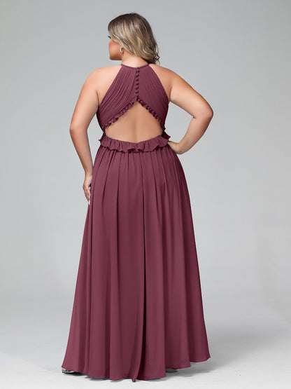 Keyhole Neckline Open Back Chiffon Max Long Dress Mulberry