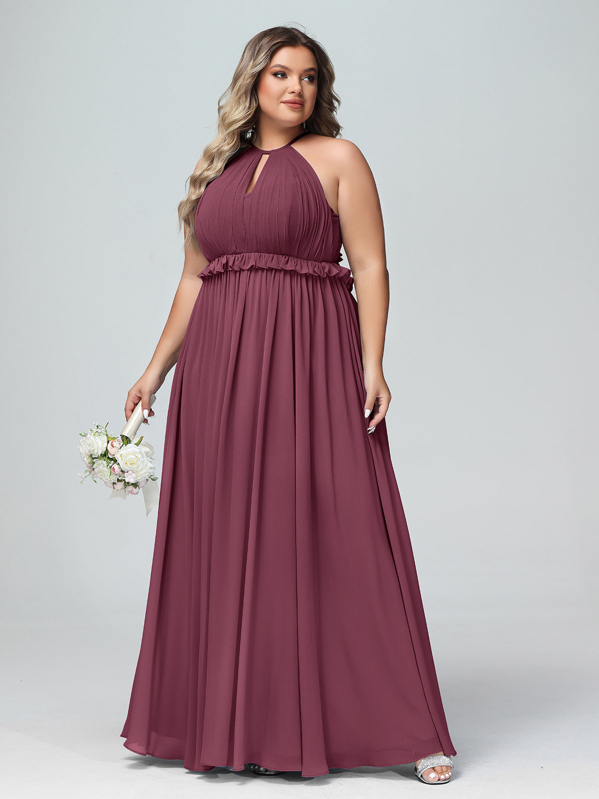 Keyhole Neckline Open Back Chiffon Max Long Dress Mulberry