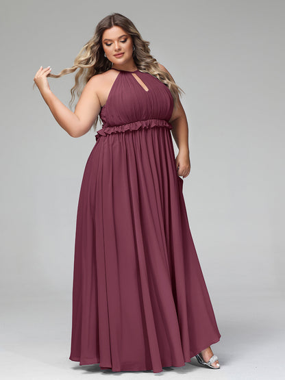 Keyhole Neckline Open Back Chiffon Max Long Dress Mulberry