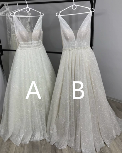 Bling Bling Sequin Ball Gown V Neck Wedding Dress