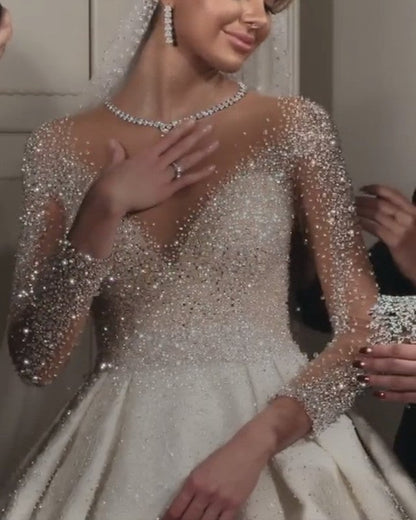 Bling Bling Wedding Dress Ball Gown Long Sleeves Sequin Beaded