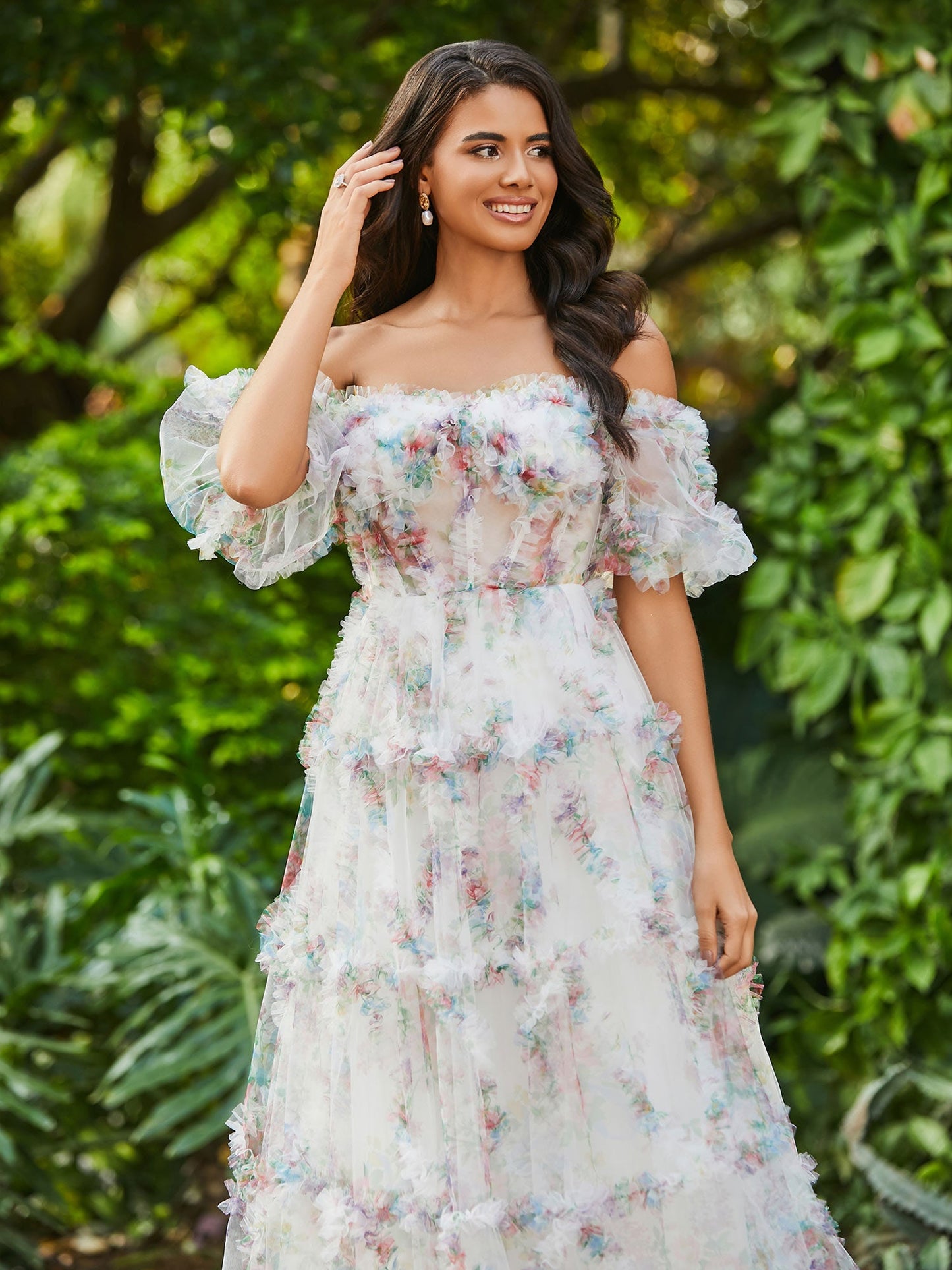 Floral Boho Off Shoulder Ruffle Skirt Tulle Gown Ivory