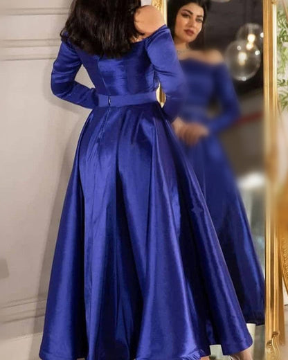 Long Sleeves Off The Shoulder Satin Dress Ankle Length