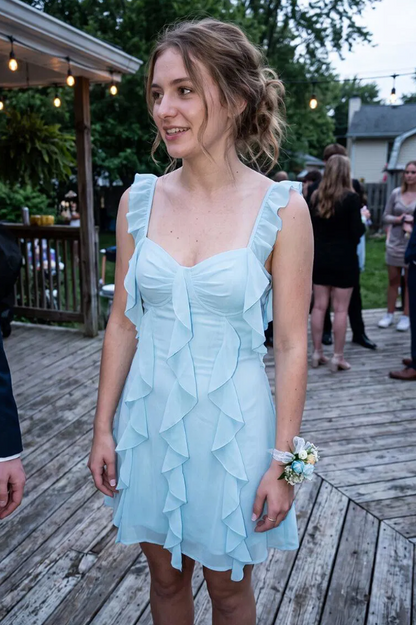 Blue A-Line Sweetheart Ruffles Chiffon Sleeveless Short Homecoming Dress