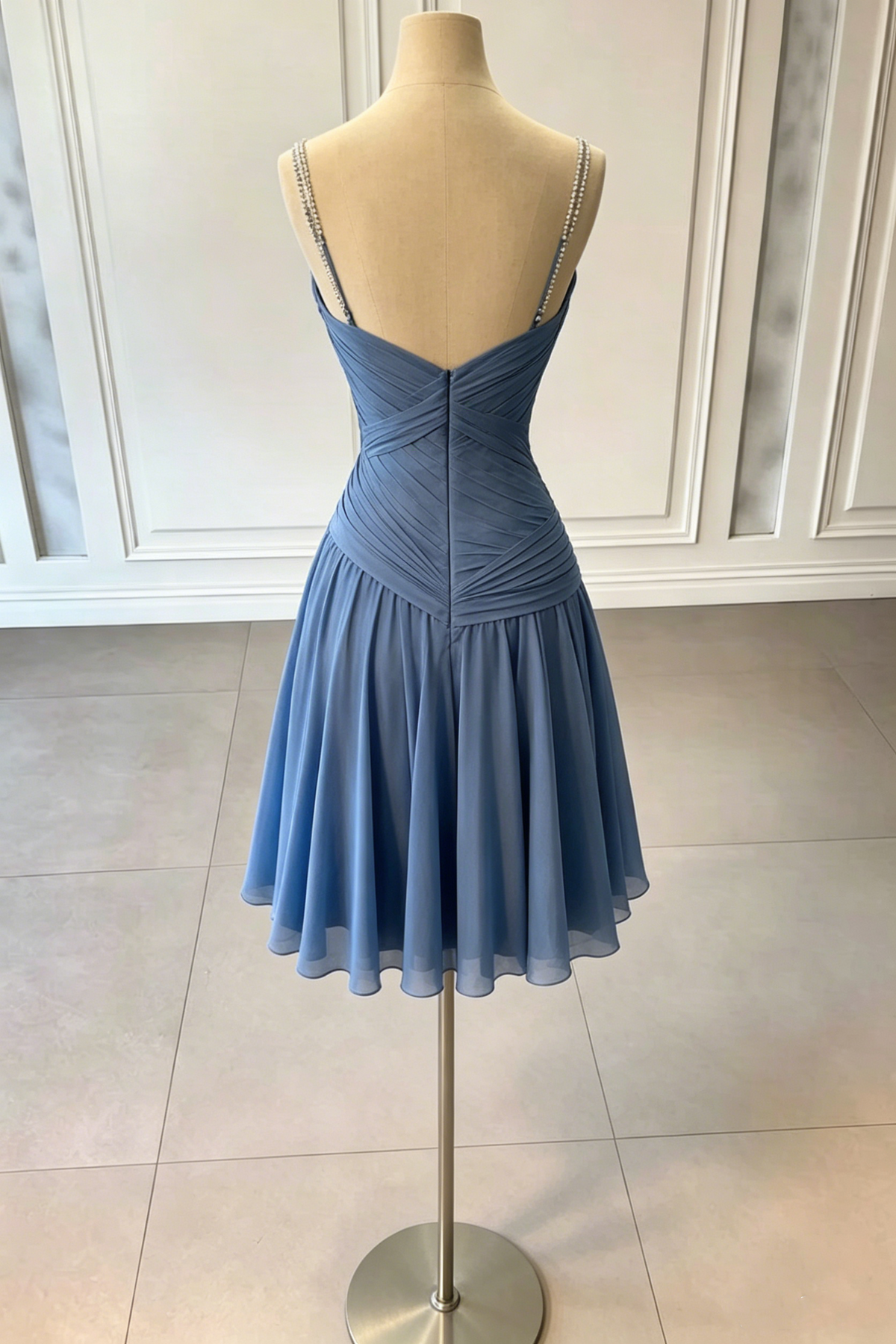 Blue A-Line V-Neck Pleated Sleeveless Short Homecoming Dress with Beads