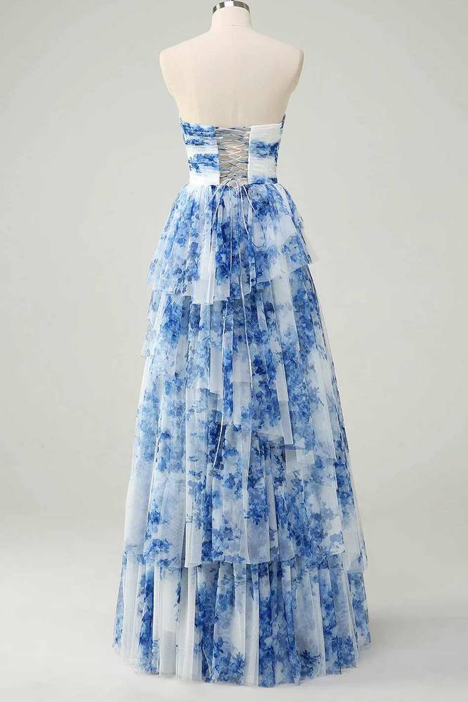 Elegant Blue Floral Print Lace-up Gala Prom Dress with Strapless