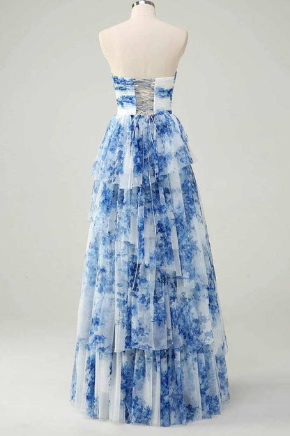 Elegant Blue Floral Print Lace-up Gala Prom Dress with Strapless