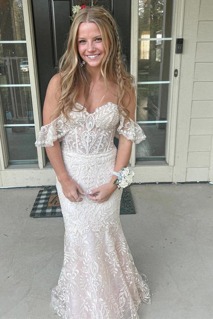 Blue Off the Shoulder Mermaid Ruffled Long Prom Dress with Lace Appliques