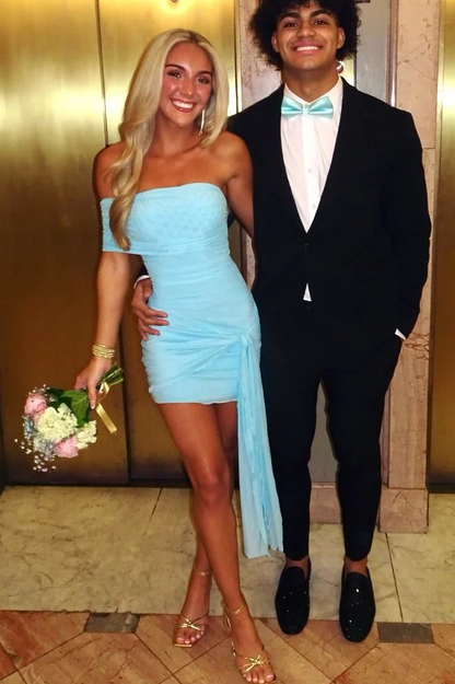 Blue One Shoulder Twist Tight Short Party Homecoming Dress