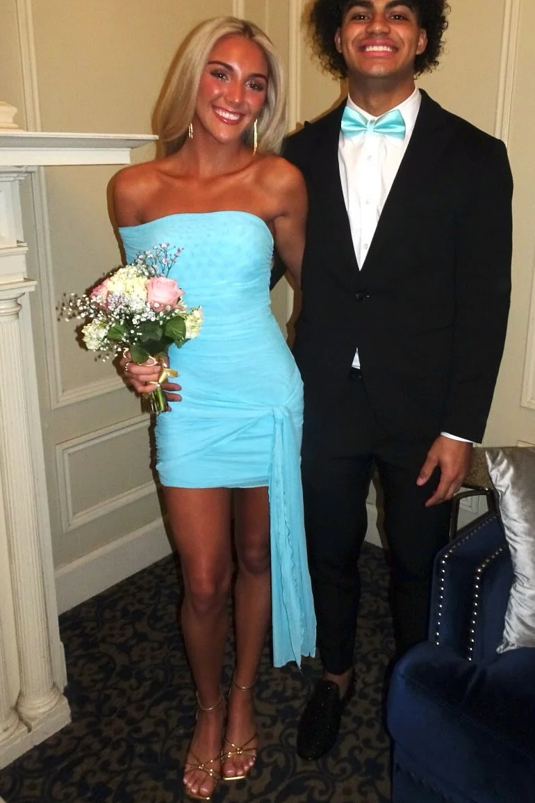 Blue One Shoulder Twist Tight Short Party Homecoming Dress