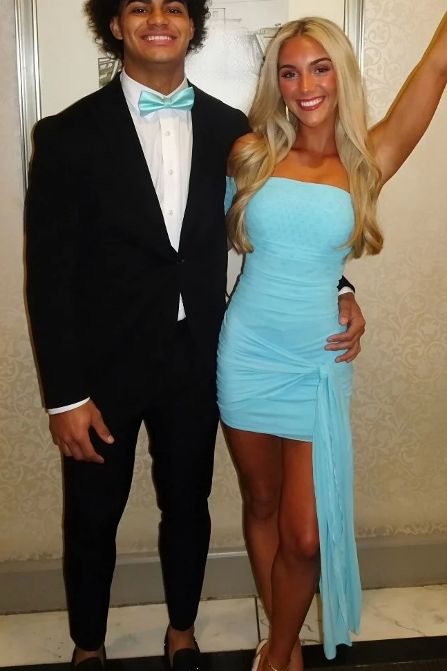 Blue One Shoulder Twist Tight Short Party Homecoming Dress