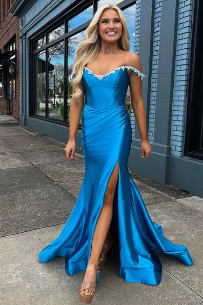 Blue Satin Off the Shoulder Long Prom Dress with Slit
