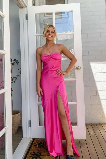Blue Satin Spaghetti Straps Sheath Long Prom Dress