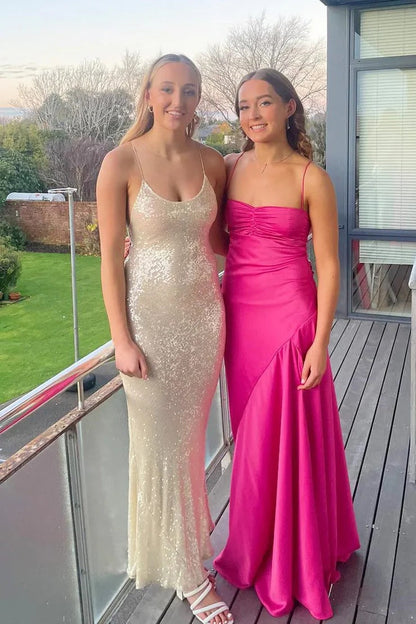 Blue Satin Spaghetti Straps Sheath Long Prom Dress