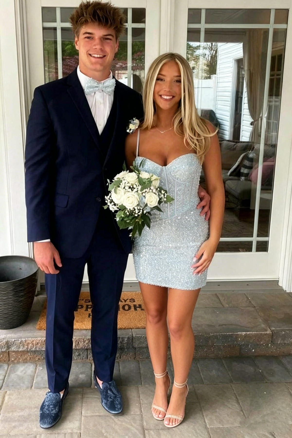 Blue Sequined Spaghetti Straps Tight Sweetheart Short Homecoming Dress