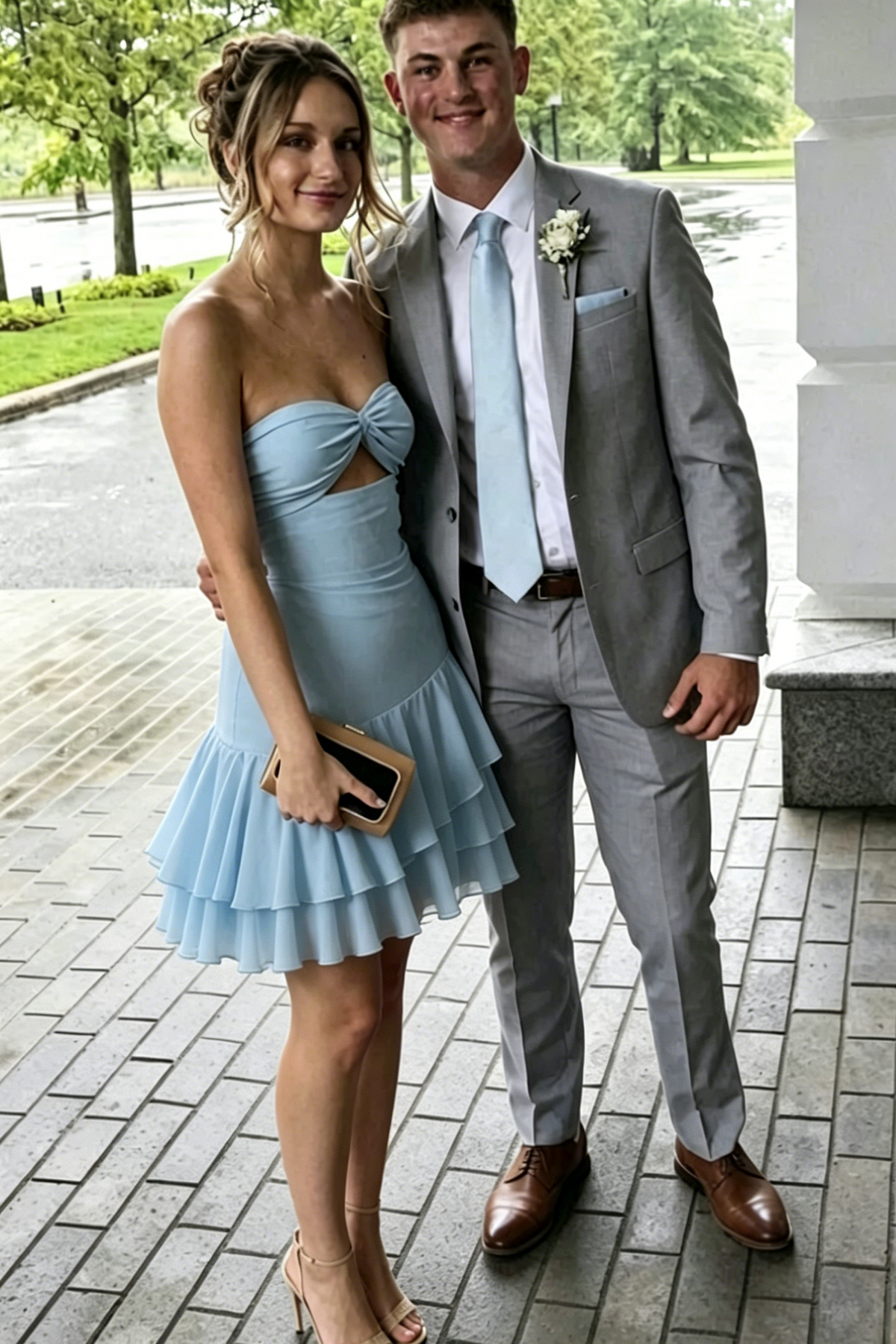 Blue Strapless A-Line Empire-Waist Ruffles Chiffon Short Homecoming Dress