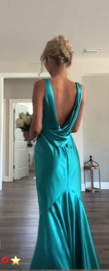Blue V-Neck Mermaid Satin Backless Long Prom Dress