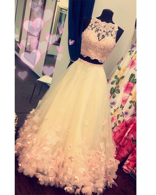 Blush Pink Lace Crop Tulle Two Piece Ball Gowns Quinceanera Dresses