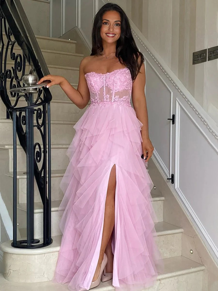Blush A-Line Strapless Tulle Tiered Long Corset Prom Dress