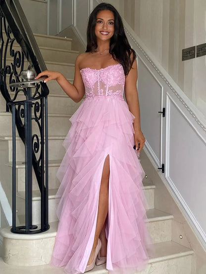 Blush A-Line Strapless Tulle Tiered Long Corset Prom Dress