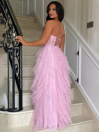 Blush A-Line Strapless Tulle Tiered Long Corset Prom Dress