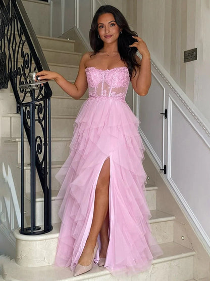 Blush A-Line Strapless Tulle Tiered Long Corset Prom Dress
