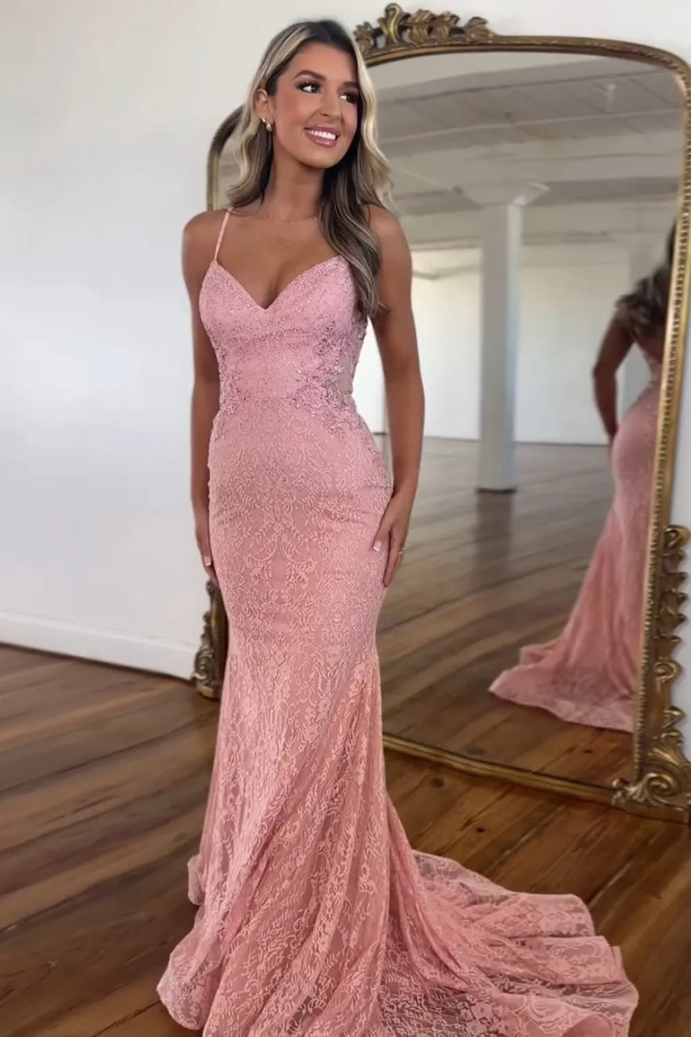 Blush Mermaid Lace Open Back Spaghetti Straps Long Prom Dress