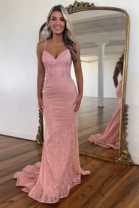 Blush Mermaid Lace Open Back Spaghetti Straps Long Prom Dress