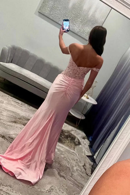 Blush Off the Shoulder Mermaid Corset Floor Length Prom Dress with Appliques